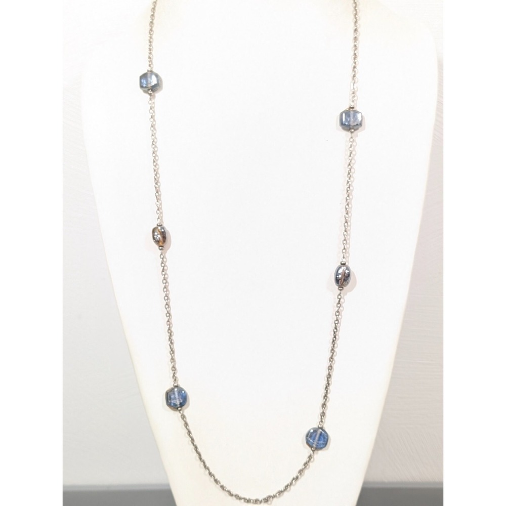 Boho Coastal Chic Necklace‎ Silver Tone Blue Gray Iridescent Glass Station Long
